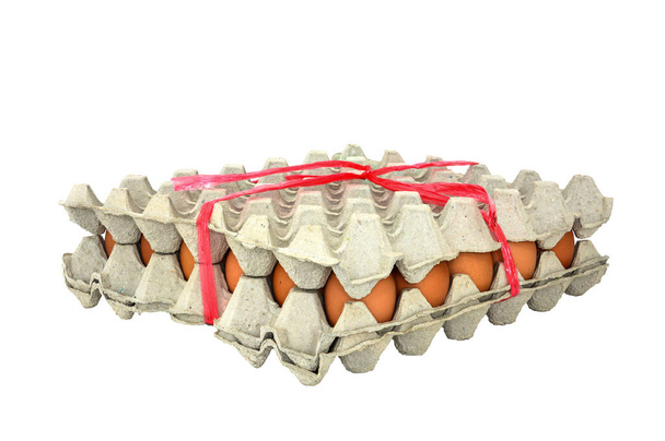 白い背景に隔離された赤いプラスチック製のロープで結ばれた紙容器の中の新鮮な卵のグループ - 写真・画像