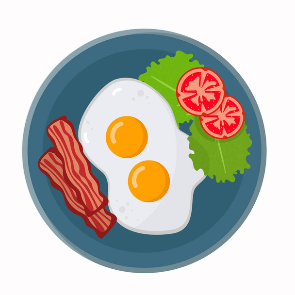  Paistettuja munia pekonilla, tomaateilla ja salaatilla sinisellä lautasella. Tasavektorin kuva. - Vektori, kuva