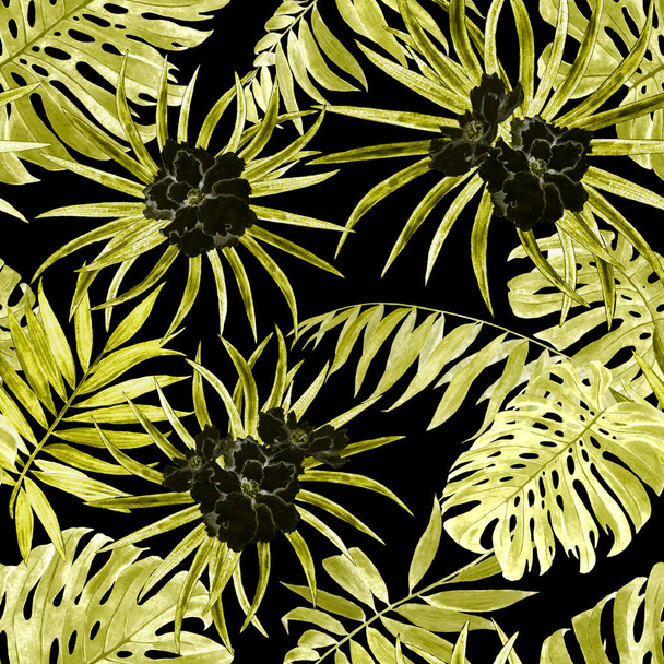 Havajské květinové bezešvé vzor s akvarelem tropických listů a květin. Exotický ibišek. Černobílý tropický letní tisk. - Fotografie, Obrázek