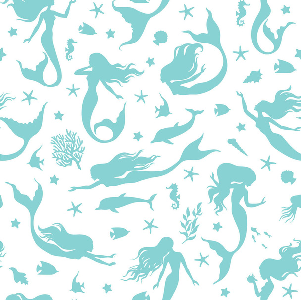 Mermaids, seashells, fihes, dolfins and seaweeds silhouette seamless pattern, vector illustration.Marine background for textile, prints, paper products, the Web. - Wektor, obraz