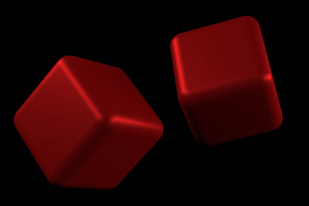 Two red cubes soaring in black space with a single side lighting 3D render - Photo, Image