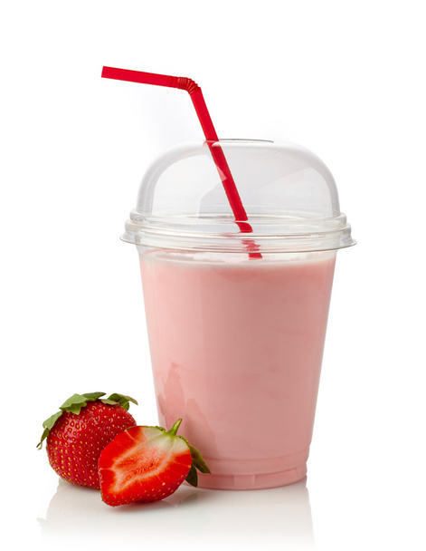 Strawberry Milkshake In Takeaway Cup And Straw Isolated On White