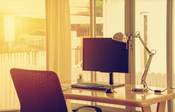 Business work desk with computer and keyboard modern office background. - Zdjęcie, obraz