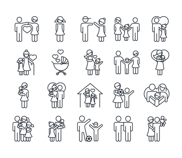 family day, father mother kids grandparents characters, set icon in outline style - Vector, Image