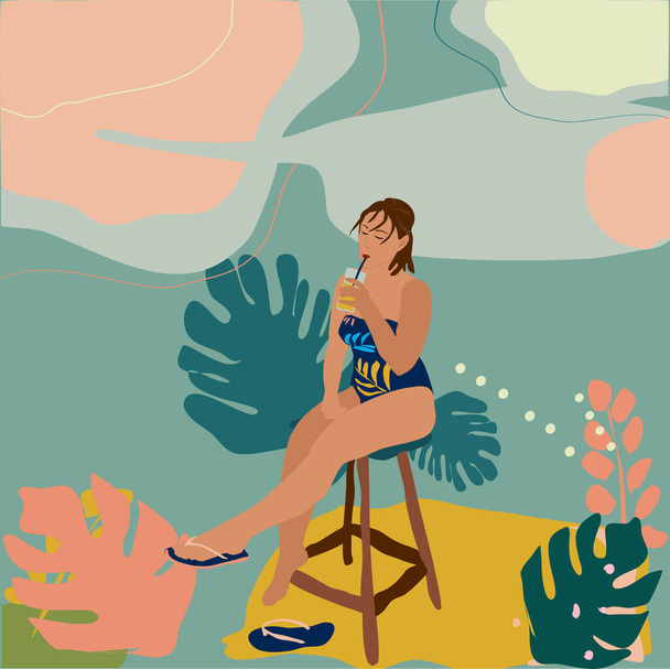 Молодая женщина сидит в пляжном баре на стуле в купальнике с цветочным узором. Девушка расслабляется и пьет коктейль. Ручная рисованная векторная модная иллюстрация с абстрактными листьями тропических джунглей
.  - Вектор,изображение