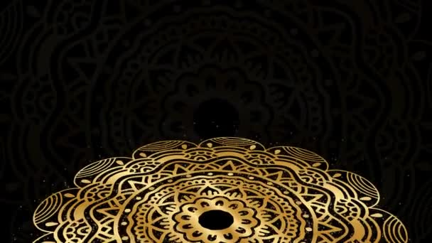 Diseño real mandala giratorio premium con polvo dorado brillante que fluye. Fondo de diseño floral tradicional de estilo islámico abstracto con partículas doradas. ANTECEDENTES DE LOOP para la invitación al festival. - Metraje, vídeo
