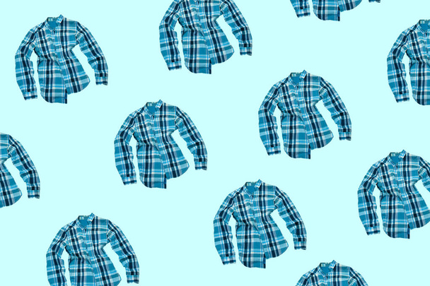 blue plaid shirt pattern isolated on a blue background - Photo, image