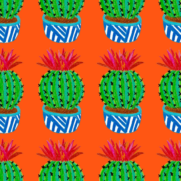 Patrón creativo sin costuras con cactus dibujados a mano en macetas. Huella botánica brillante. Fondo decorativo sin costuras con cactus. Se puede utilizar para cualquier tipo de diseño de decoración
. - Foto, Imagen