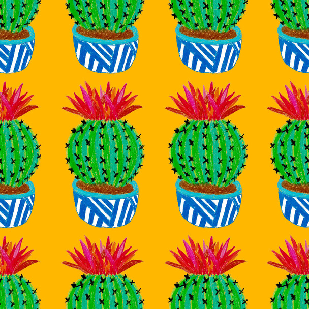 Luova saumaton kuvio käsin piirretty kaktukset ruukuissa. Kirkas kasvitieteellinen jälki. Saumaton koristeellinen tausta kaktukset. Voidaan käyttää minkäänlaiseen sisustus suunnittelu. - Valokuva, kuva