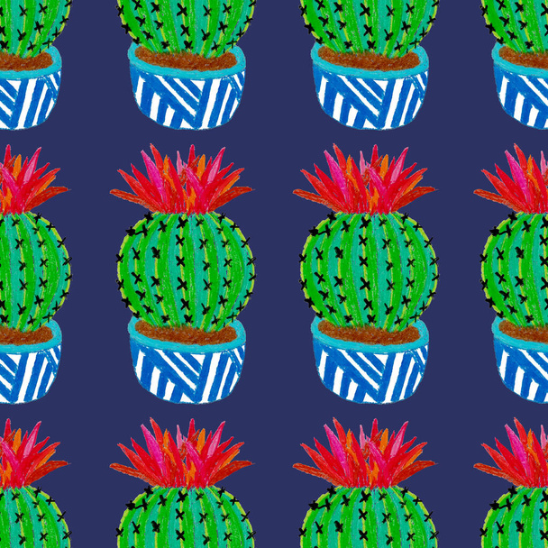 Kreatywny bezszwowy wzór z ręcznie rysowanymi kaktusami w doniczkach. Jasny odcisk botaniczny. Płynne dekoracyjne tło z kaktusami. Może być stosowany do wszelkiego rodzaju dekoracji. - Zdjęcie, obraz