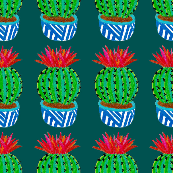 Patrón creativo sin costuras con cactus dibujados a mano en macetas. Huella botánica brillante. Fondo decorativo sin costuras con cactus. Se puede utilizar para cualquier tipo de diseño de decoración
. - Foto, Imagen