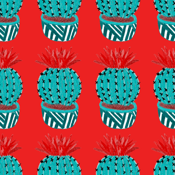 Kreativní bezešvé vzory s ručně kreslenými kaktusy v květináčích. Jasná botanická stopa. Bezešvé dekorativní pozadí s kaktusy. Lze použít pro jakýkoliv druh dekorace designu. - Fotografie, Obrázek