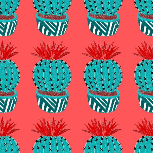 Creative seamless pattern with hand drawn cactuses in pots. Bright botanical print. Seamless decorative background with cactuses. Can be used for any kind of a decoration design. - 写真・画像