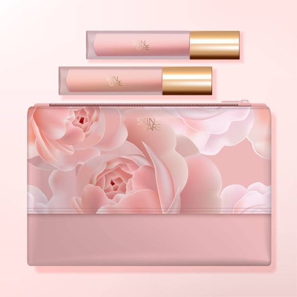 Vector Wash Bag, Travel Kit Set ή Beauty Cosmetic Bag με συσκευασία Lip Gloss. Ροζ μοτίβο τριαντάφυλλο τυπωμένο. - Διάνυσμα, εικόνα