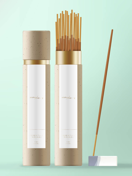 Vector Incense Stick with Kraft Paper Cone Packaging with White & Blue Ceramic Dish. - Vector, Image