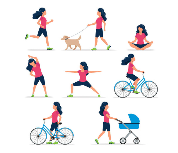 Mutlu kadın farklı aktiviteler yapıyor: Koşu, köpek gezdirme, yoga, egzersiz, spor, bisiklet, bebek arabasıyla yürüyüş. Düz tarzda vektör illüstrasyonu, sağlıklı yaşam tarzı konsepti. - Vektör, Görsel