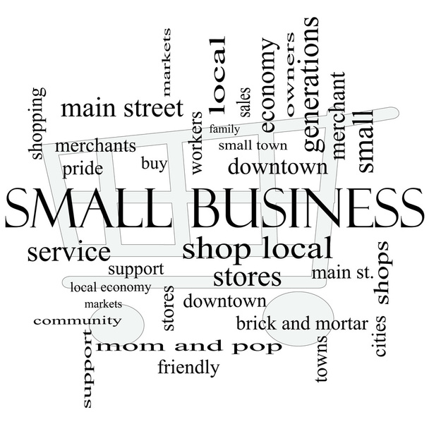 μικρές επιχειρήσεις λέξη έννοια σύννεφο με καλάθι αγορών - Φωτογραφία, εικόνα
