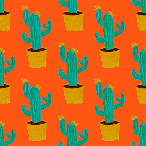 Kreatív zökkenőmentes minta kézzel húzott kaktuszok cserépben. Fényes botanikai lenyomat. Zökkenőmentes dekoratív háttér kaktuszok. Bármilyen dekorációs tervezéshez használható.. - Fotó, kép