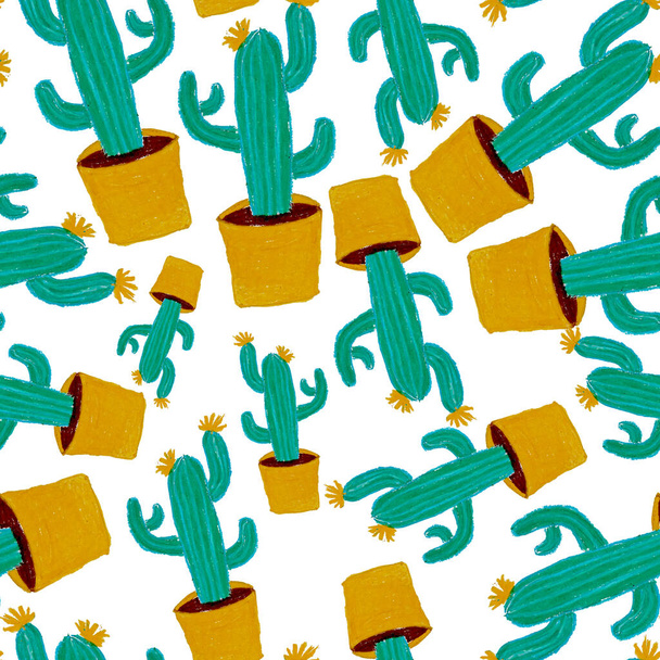 Kreativní bezešvé vzory s ručně kreslenými kaktusy v květináčích. Jasná botanická stopa. Bezešvé dekorativní pozadí s kaktusy. Lze použít pro jakýkoliv druh dekorace designu. - Fotografie, Obrázek