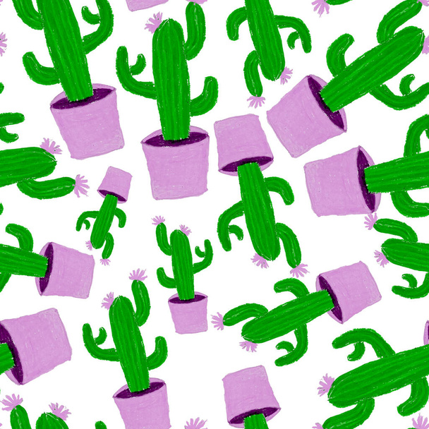 Motif créatif sans couture avec des cactus dessinés à la main dans des pots. Impression botanique lumineuse. Fond décoratif sans couture avec des cactus. Peut être utilisé pour tout type de conception de décoration
. - Photo, image