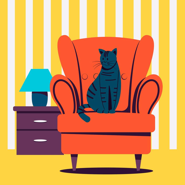 Kot w paski siedzi na fotelu na tle tapety w paski. Wyposażenie wnętrz. - Wektor, obraz