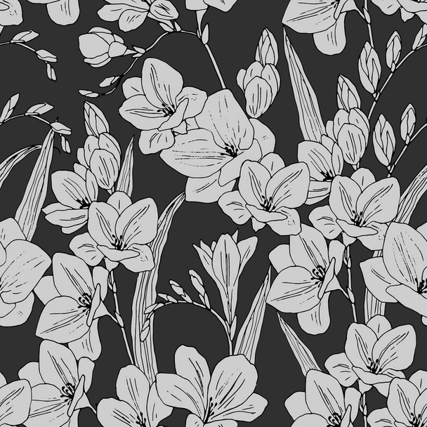 seamless pattern in gray colors with freesia flowers, ornament for wallpaper and fabrics, wrapping paper, background for different designs, scrapbooking - Vector, Image