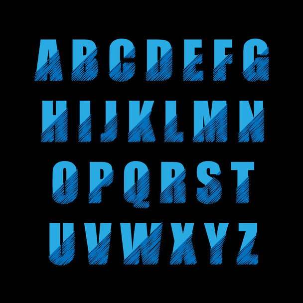 Vector Sketch Alphabet blue colors, on black background - Vector, Imagen