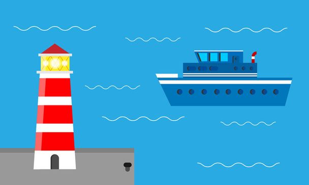 Nautische vuurtoren haven en drijvend schip - Vector illustratie. Gebruik voor uw project. - Vector, afbeelding