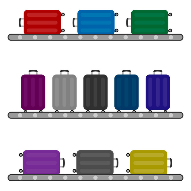 異なるカラフルな荷物バッグ。ベルトコンベアにセットされたスーツケース。ターミナル空港の手荷物請求書旅行バッグベクトル背景フラットデザイン。表紙漫画。コンセプト&創造的な休暇 - ベクター画像