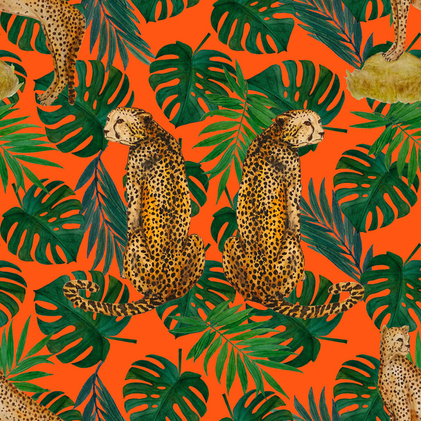 Watercolor seamless tropical pattern with cheetahs on leaf background. Animalistic seamless print in vintage Hawaiian style. - Valokuva, kuva