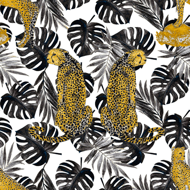 Patrón tropical sin costuras de acuarela con guepardos en el fondo de la hoja. Estampado animal sin costuras en estilo hawaiano vintage
. - Foto, Imagen