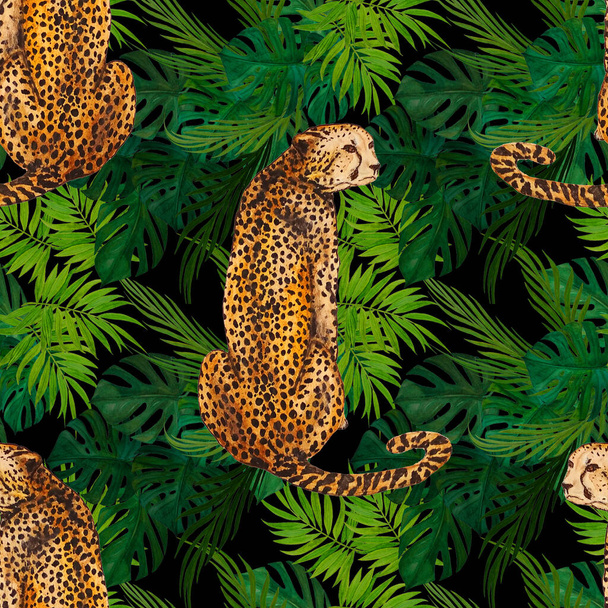 Watercolor seamless pattern with cheetahs and tropical leaf background. Exotic summer print. - Foto, Imagem