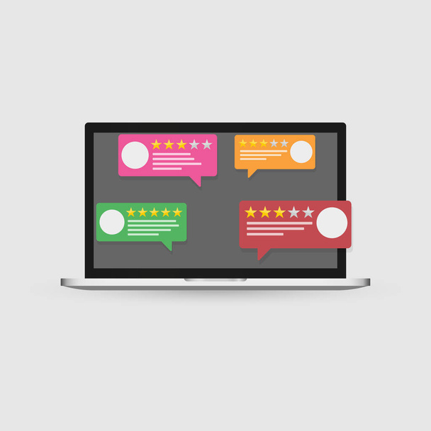 Новая векторная иллюстрация ноутбука с уведомлениями клиентов с рейтингами, плоский стиль дизайна Компьютерный дисплей и отзывы клиентов или онлайн обзор, концепция опыта, рейтинг, звезды
 - Вектор,изображение