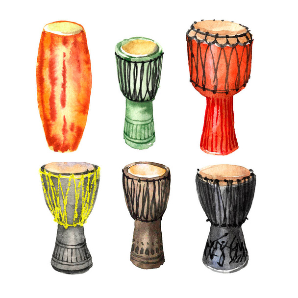  a set of percussion musical instruments, African drums, djembe, conga, with traditional ornaments, color illustration isolated on a white background in watercolor technique, doodle & hand drawn style - Фото, зображення