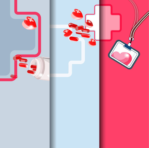Medical bannerit malleja trendikäs tasainen tyyli vektori kuva. Kolme pystykortteja vaaleanpunainen ja sininen sävyjä. Ristin muotoiset ääriviivat, merkki ja lääketiede - Vektori, kuva
