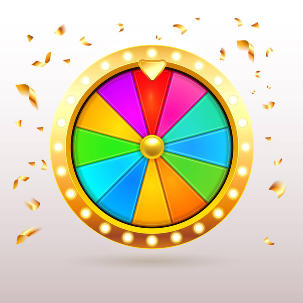Gold 3d realistic Fortune Wheel illustration with 12 colored empty sectors and confetti.Colorful fortune wheel design. Eps10 vector - Вектор,изображение