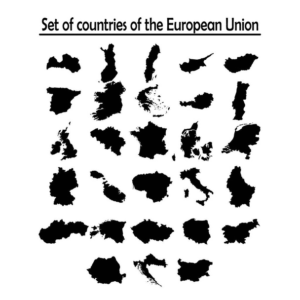 Banderas de los países miembros de la Unión Europea superpuestas en un mapa esquemático aislado sobre fondo blanco
 - Vector, Imagen