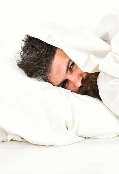 Guy with beard hides face under blanket - Valokuva, kuva