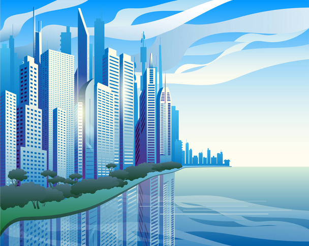 Eine moderne Stadt am Ufer des Flusses. Blaue Wolkenkratzer gegen die Wolken. - Vektor, Bild
