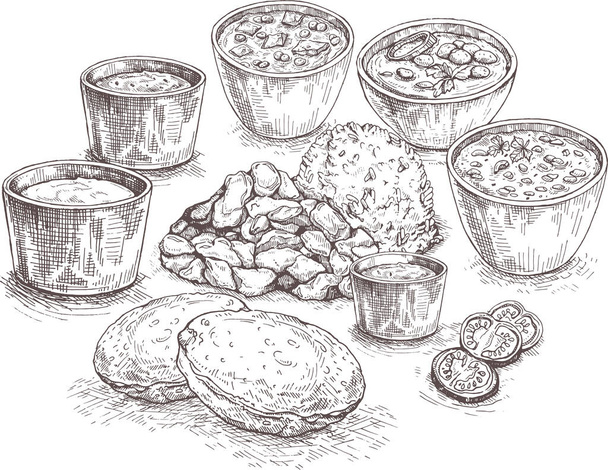 Ilustración Comida india (Thali) que consiste en diferentes curries, pan frito plano-poori, arroz jeera, dulce como gulab jamun, mithai, kadhi, matar paneer curry.Sketch
. - Vector, imagen