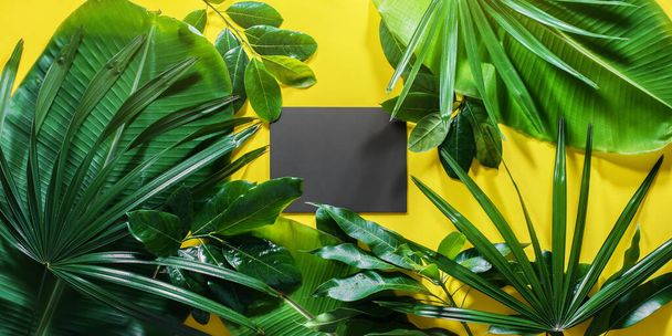 Mock up black wooden blank chalkboard with tropical palm green leaves on yellow background. Flat lay composition top view. Copy space. Banner - Fotografie, Obrázek