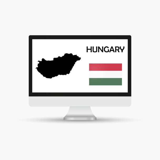 Monitor komputerowy z flagą i mapą kraju Węgry. - Wektor, obraz