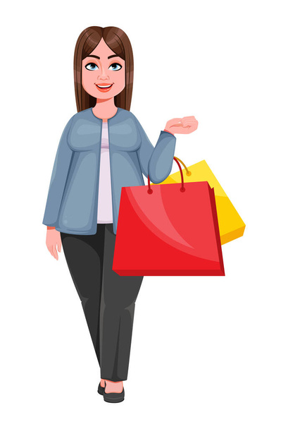 Glückliche Großunternehmerin, Frau mit Plus-Size geht einkaufen. Fröhliche pummelige Geschäftsfrau Cartoon-Figur. Vektorillustration - Vektor, Bild