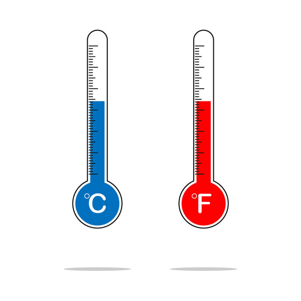 Płaska konstrukcja termometru do pomiaru ciepła i zimna, z ikonami słońca i płatków śniegu, ilustracja wektora - Wektor, obraz