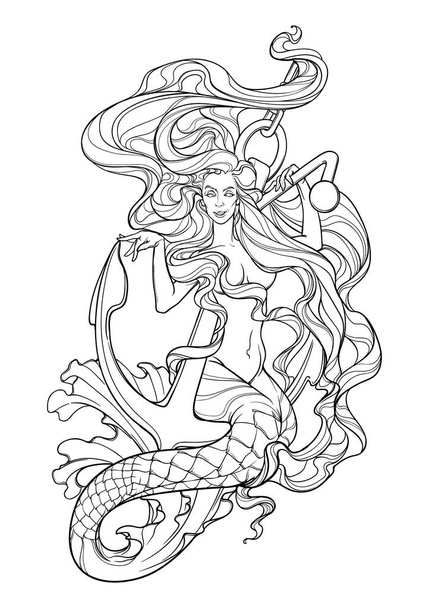 Beautiful mermaid with long wavy hair sitting on anchor - Вектор, зображення