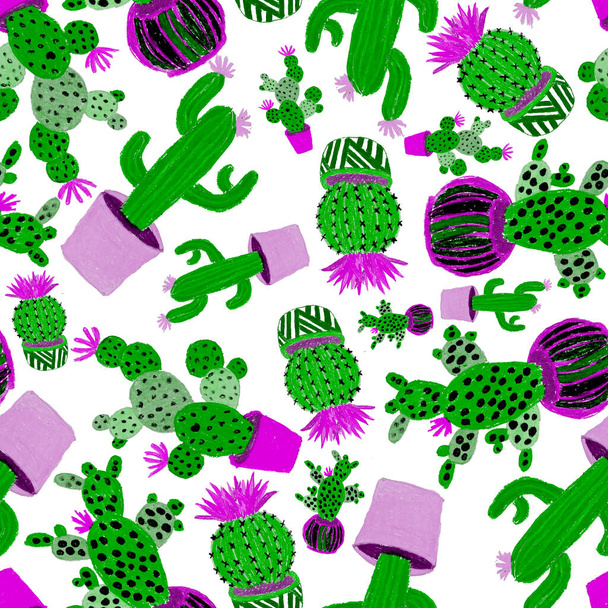 Creative seamless pattern with hand drawn cactuses in pots. Bright botanical print. Seamless decorative background with cactuses. Can be used for any kind of a decoration design. - Photo, Image