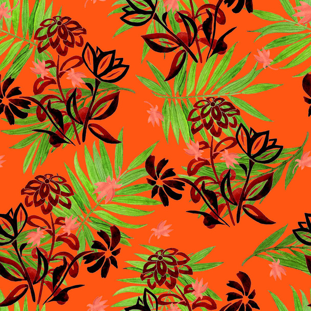 Beautiful watercolor seamless pattern with stylized contour flowers and palm leaves. Summer botanical background. For any kind of a design. - Foto, imagen