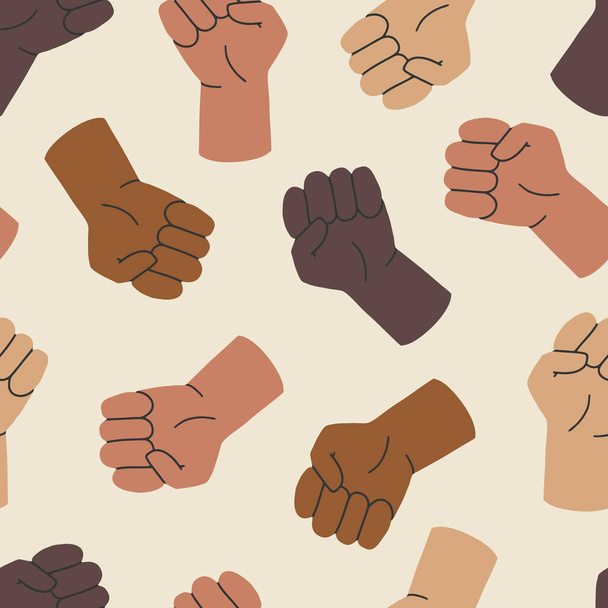 Black Lives Matter. Human hand. Fist raised up. Seamless pattern about Human Right. Flat cartoon vector illustration, hand drawn style. - Вектор,изображение