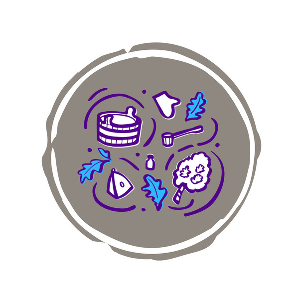 doodle vaporarium - väri logo valkoisella taustalla tasaisella tyylillä. kylpy tarvikkeet doodle koostumus. allas, kauha ja hattu uimiseen. Sauna. höyrysauna - Vektori, kuva