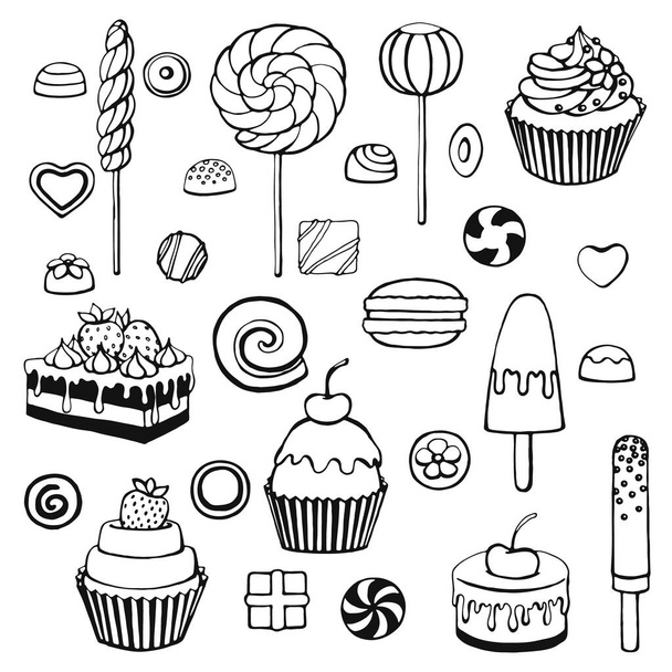 Hand drawn sweets doodle elements set. Vector illustration on a white background. - Vetor, Imagem